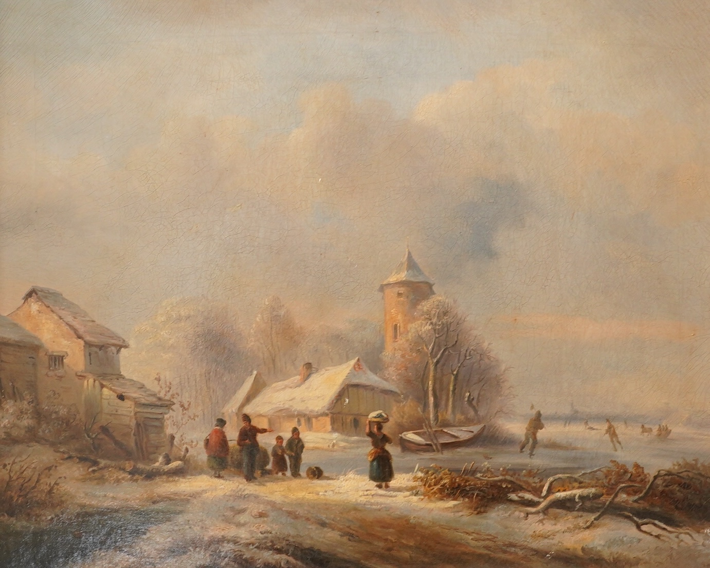 19th century Dutch School, oil on canvas, Skaters in a winter landscape, unsigned, 35 x 44cm, ornately framed. Condition - fair, craquelure throughout